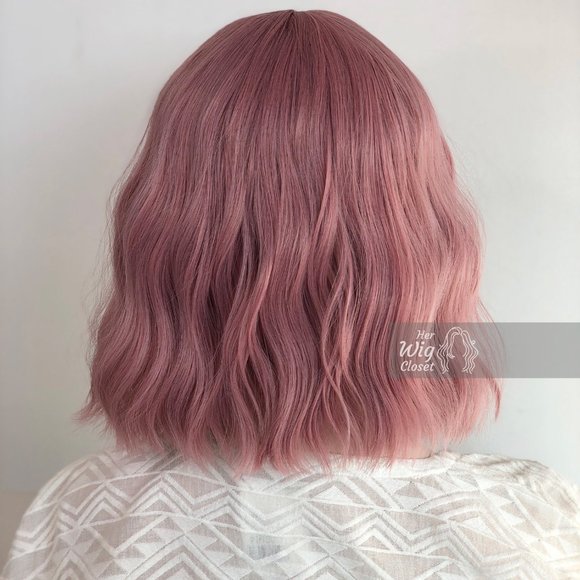 12" Dusty Rose Wavy Bob Wig with Bangs | Katy - Picture 5 of 10